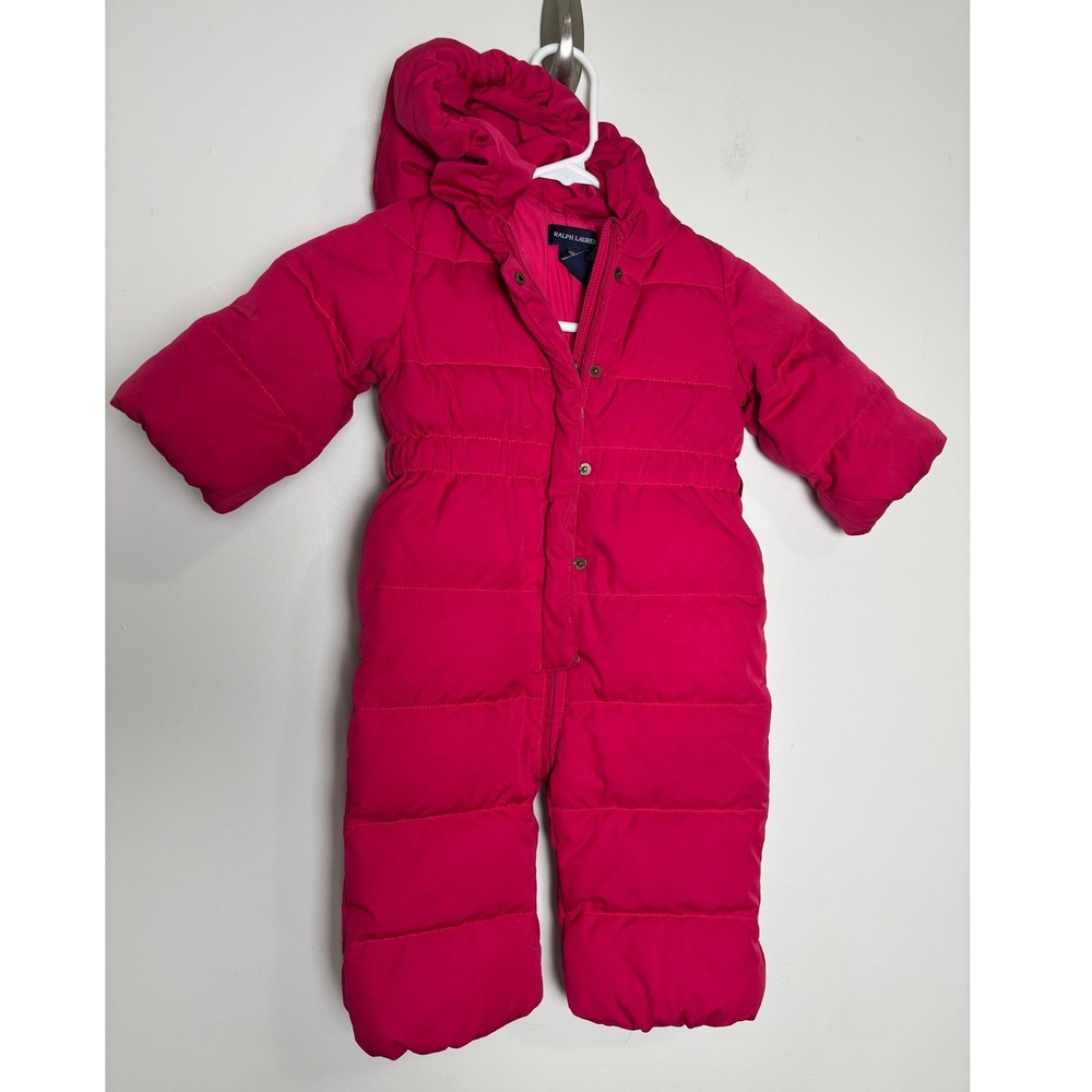 Ralph Lauren Infant Girls Quilted Down Snowsuit 12M Pink Hooded Bunting